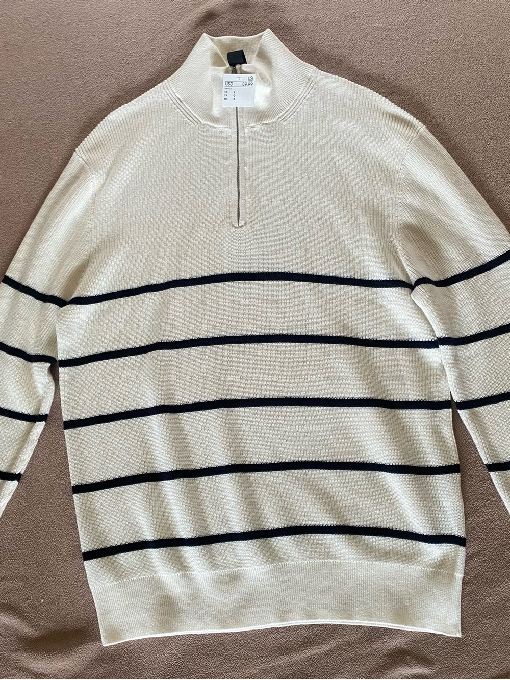 H&M Cream Half-Zip Sweater with Navy Stripes